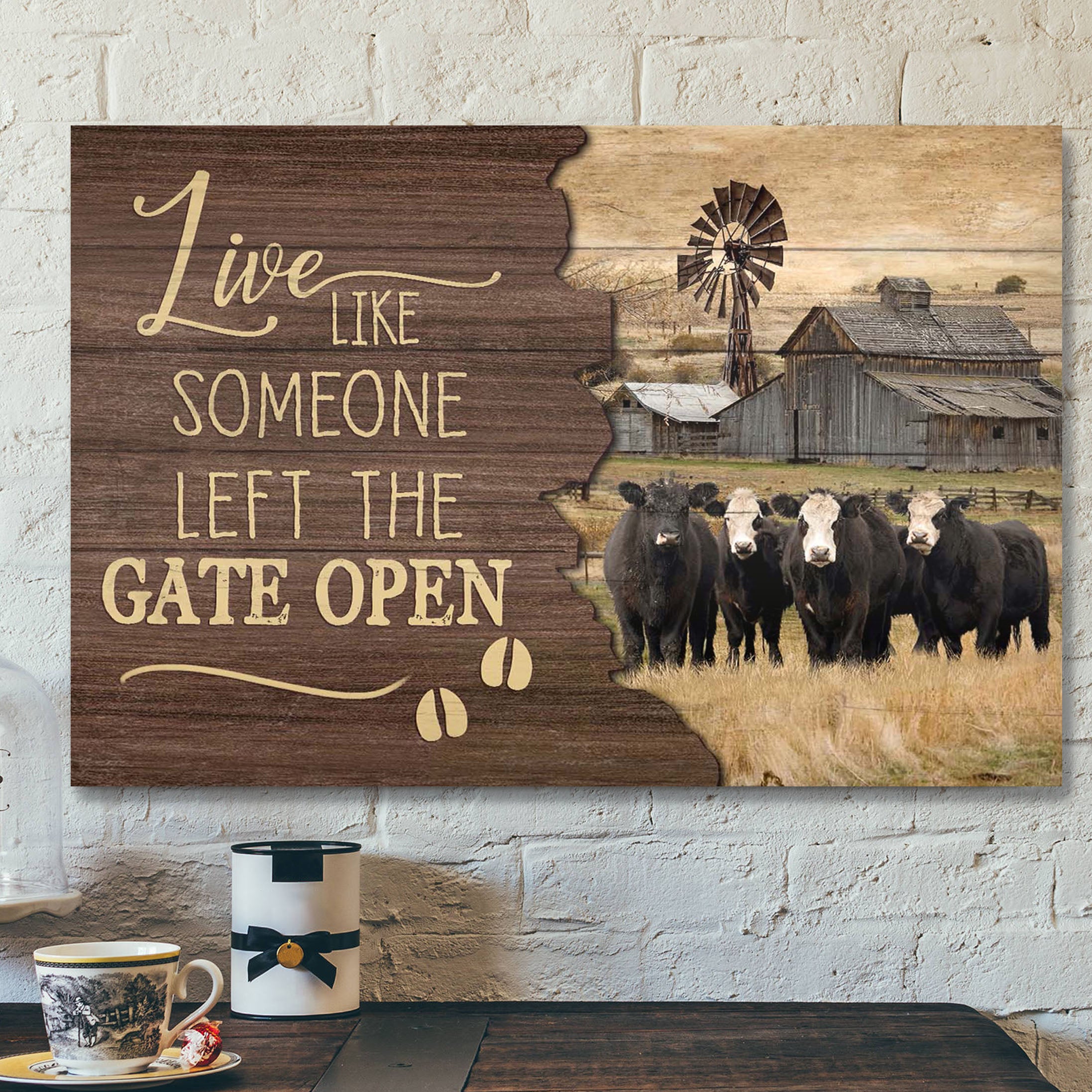 White Face Angus Cattle – Live Like Someone Left The Gate Open – Bible Verse Canvas – Scripture Canvas Wall Art