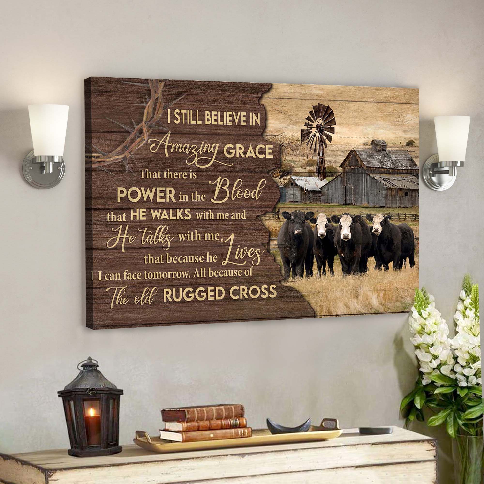 White Face Angus Cattle – The Old Rugged Cross Canvas Wall Art – Bible Verse Canvas – Scripture Canvas Wall Art