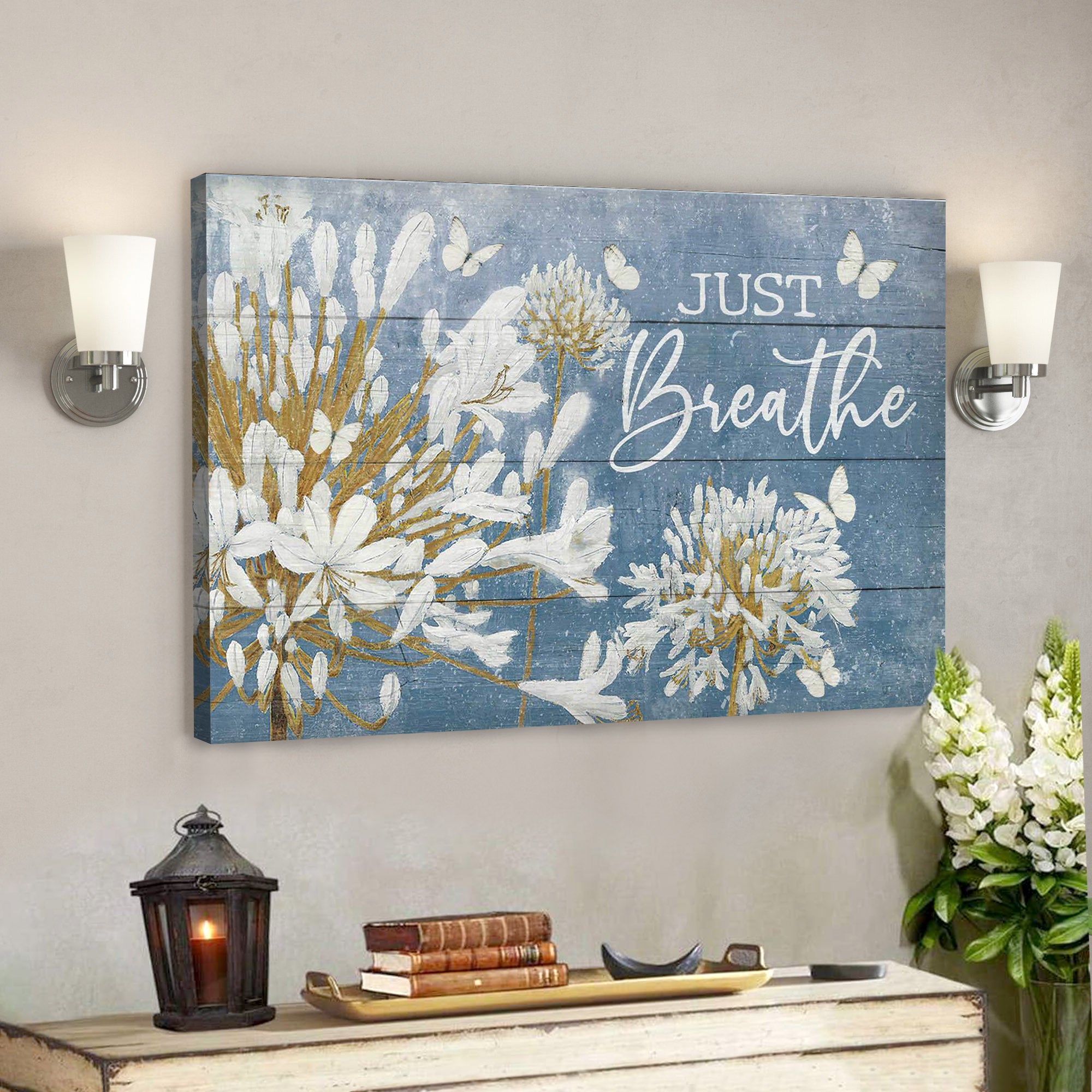 White Lily Flower With Blue Background – Just Breathe – Bible Verse Canvas – Scripture Canvas Wall Art