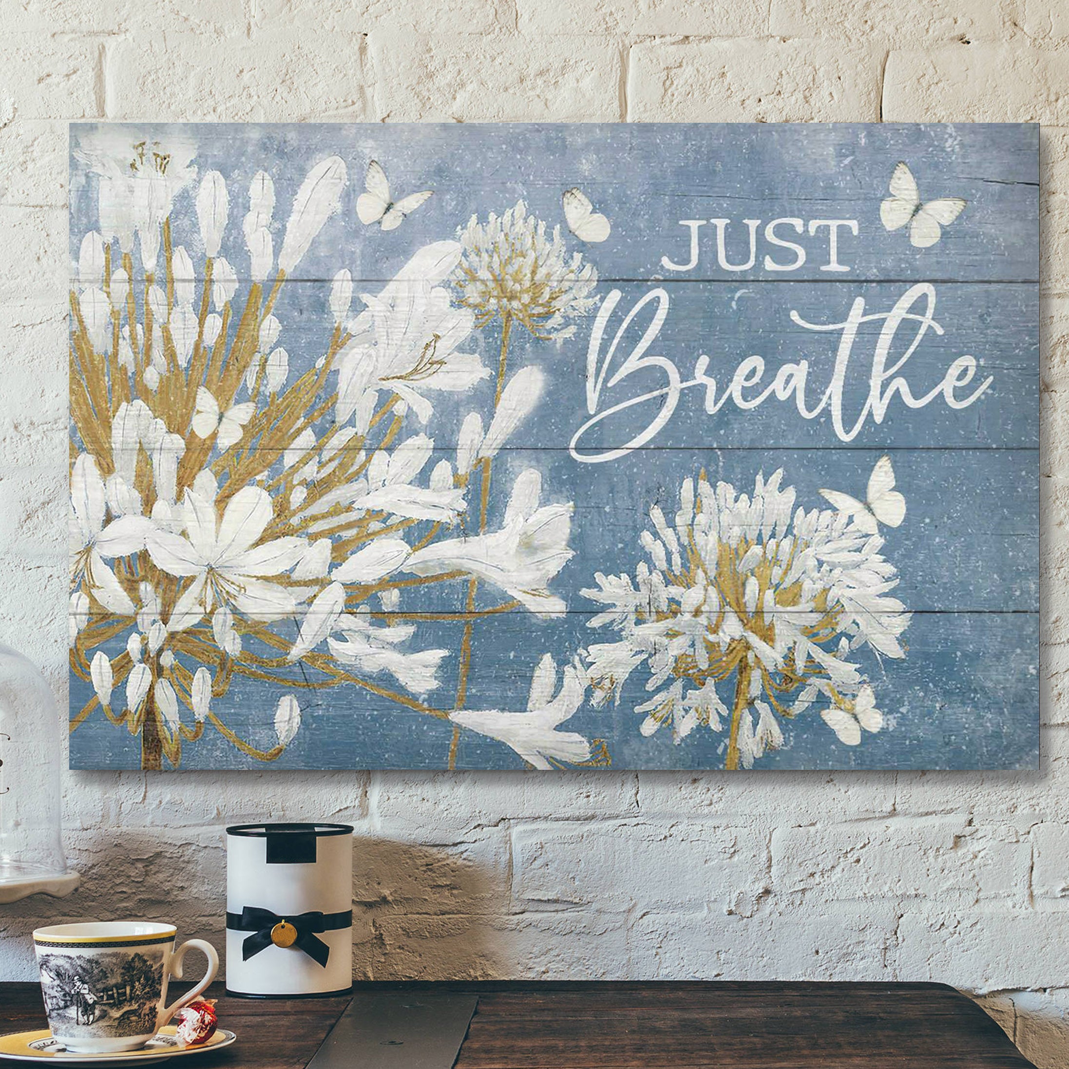 White Lily Flower With Blue Background – Just Breathe – Bible Verse Canvas – Scripture Canvas Wall Art