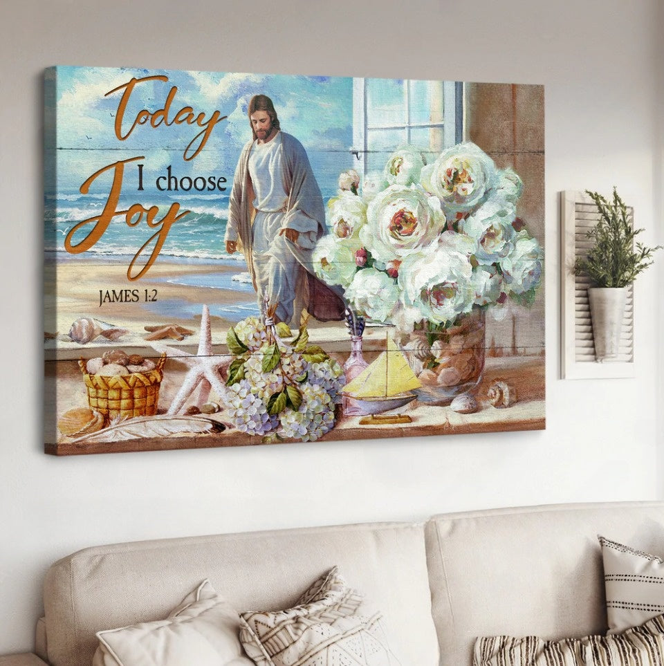 White Rose Vase Walking With Jesus Today I Choose Joy Canvas Wall Art – Jesus Canvas Pictures – Christian Wall Posters