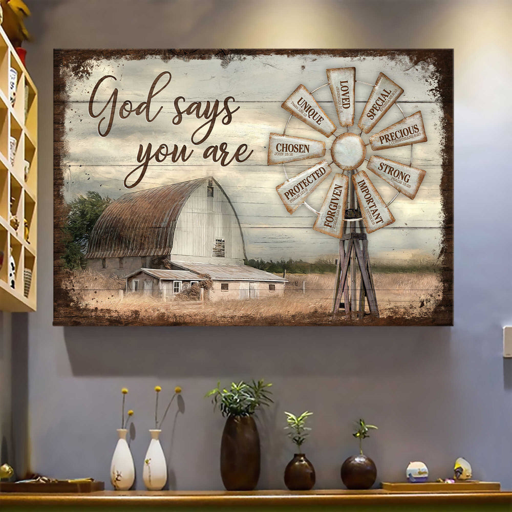 Windmill Farm Rustic Barn God Says You Are Canvas Wall Art – Christian Poster – Religious Wall Decor