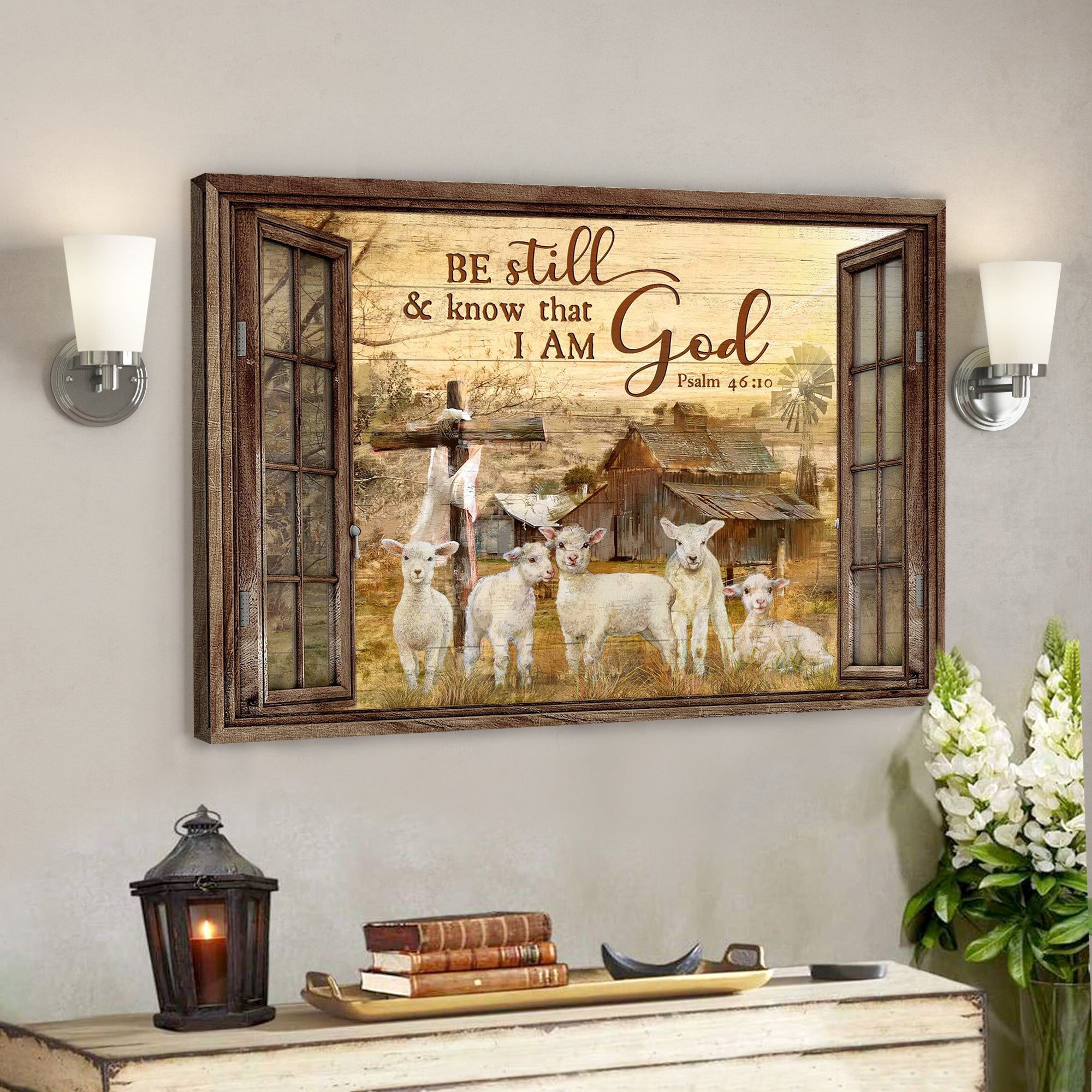 Window Frame – The Lambs – Be Still And Know That I Am God Canvas Wall Art – Bible Verse Canvas