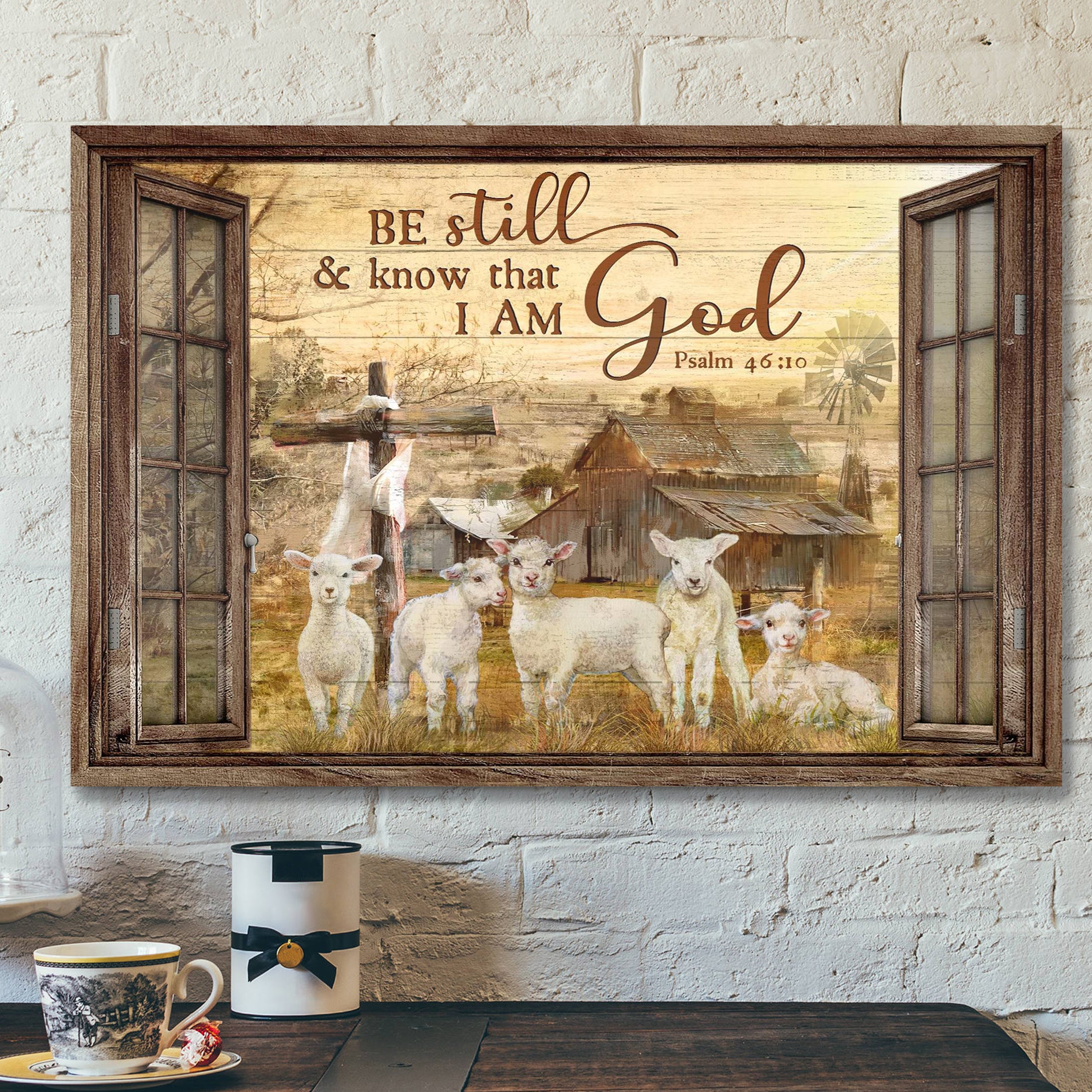 Window Frame – The Lambs – Be Still And Know That I Am God Canvas Wall Art – Bible Verse Canvas