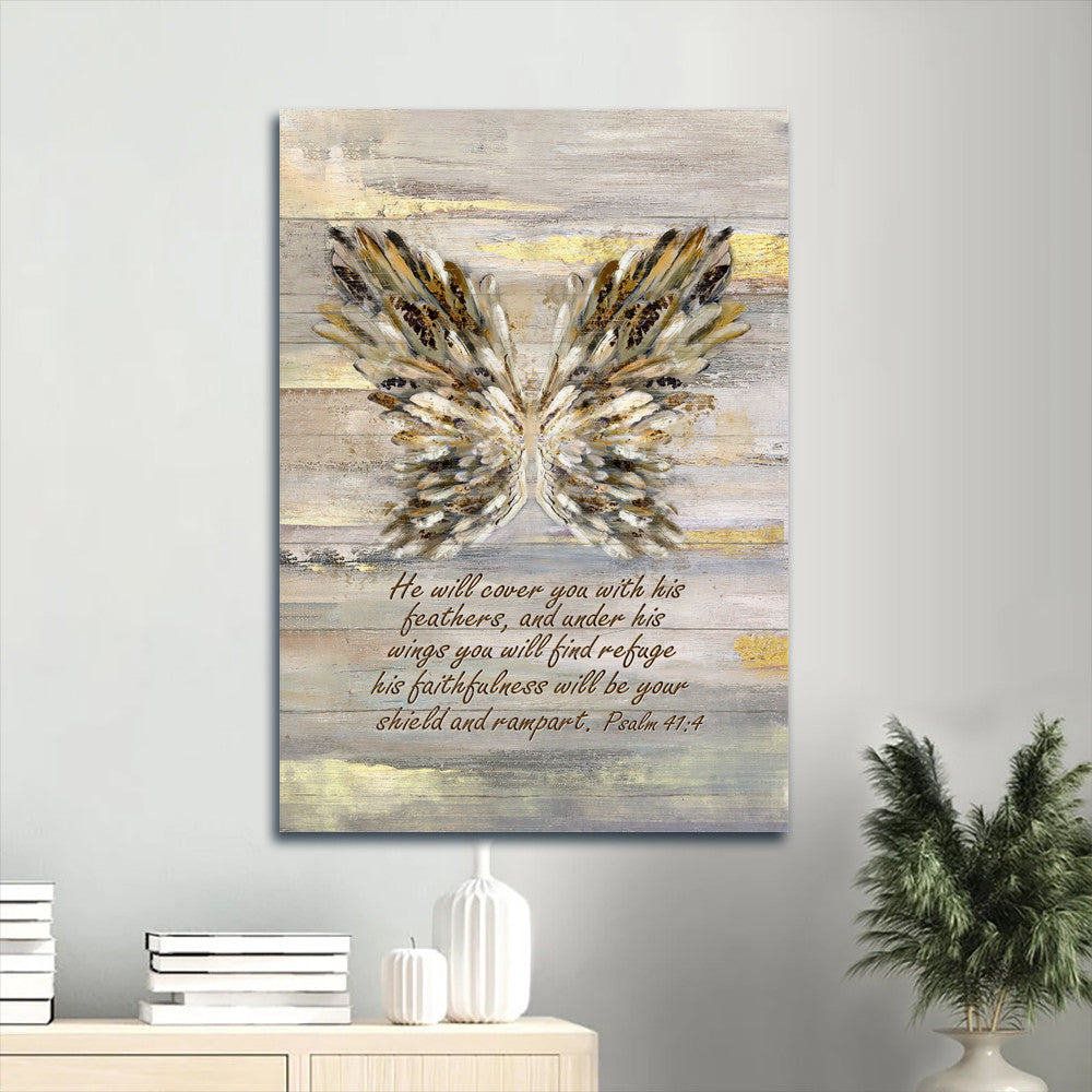 Wings Bible Verse He Will Cover You With This Feathers Canvas Wall Art – Christian Wall Decor