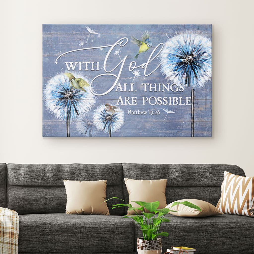 With God All Things Are Possible Dandelion Sparrow Canvas Wall Art – Christian Canvas – Faith Canvas