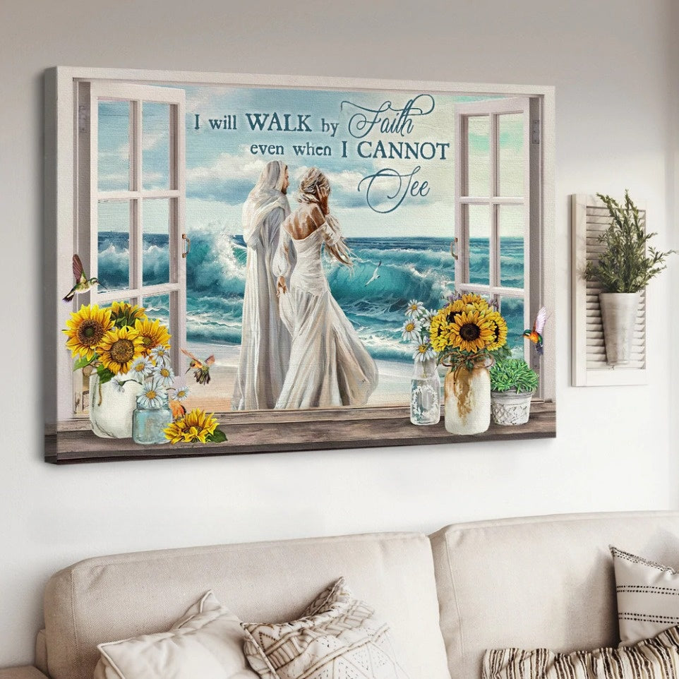 Woman & Jesus Painting Ocean Wave I Will Walk By Faith Canvas Wall Art – Jesus Canvas Pictures – Christian Wall Posters