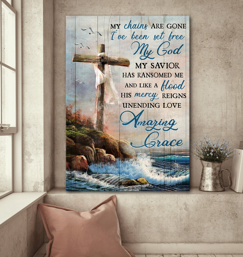 Wooden Cross Sea My Chains Are Gone Jesus Canvas Wall Art – Christian Wall Posters – Religious Wall Decor