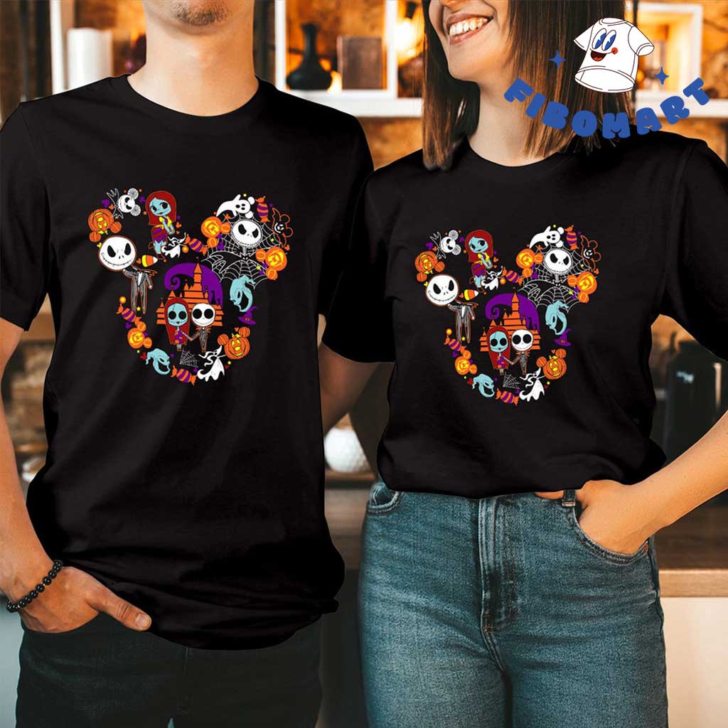 Top 18+ Nightmare Before Christmas Gifts For Jack And Sally Lover Shop Graphic Designed T-Shirt and Apparel Cute Jack and Sally With Friend Treat Mickey Head Halloween BLack Shirt 1