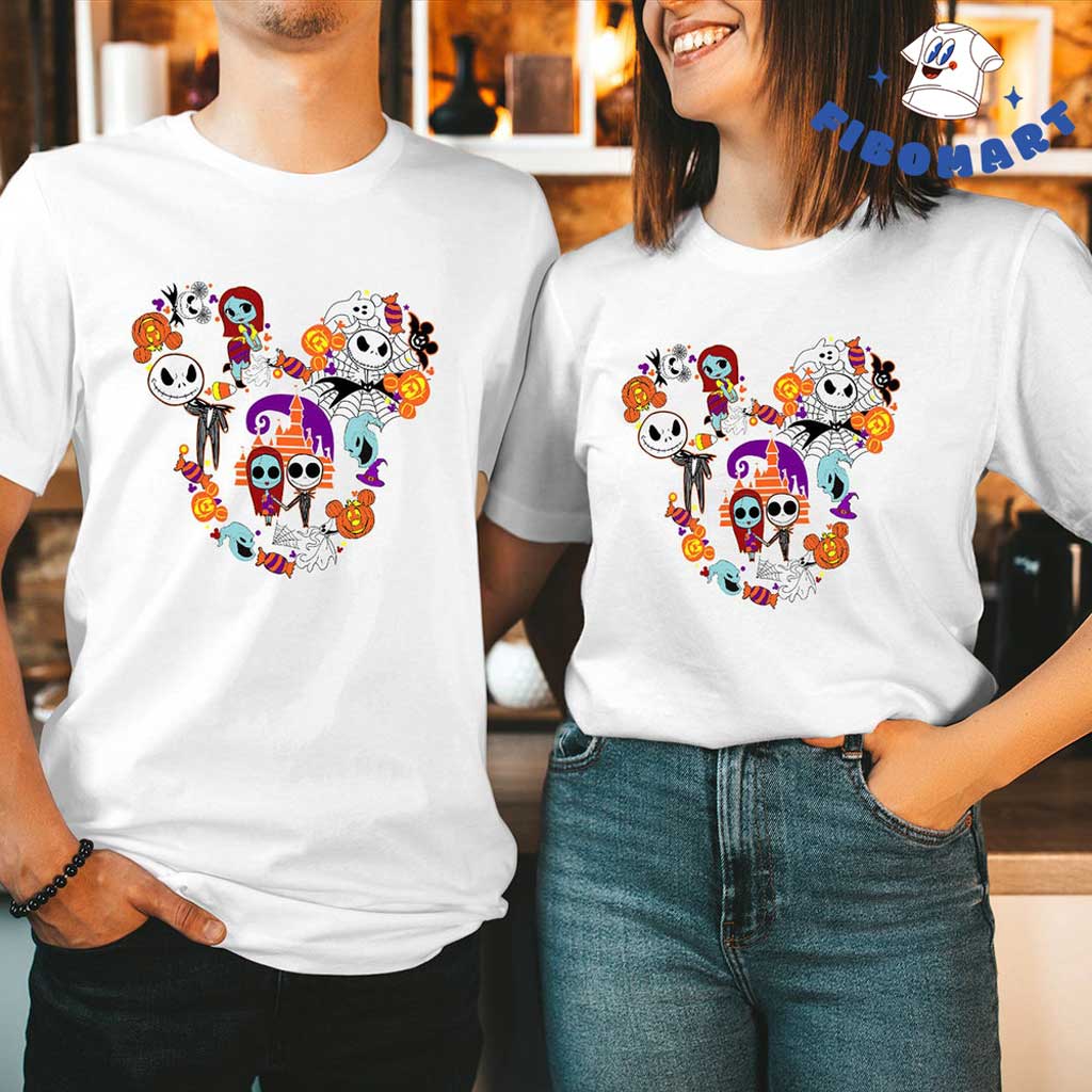Cute Jack and Sally With Friend Treat Mickey Head Halloween White Shirt 1