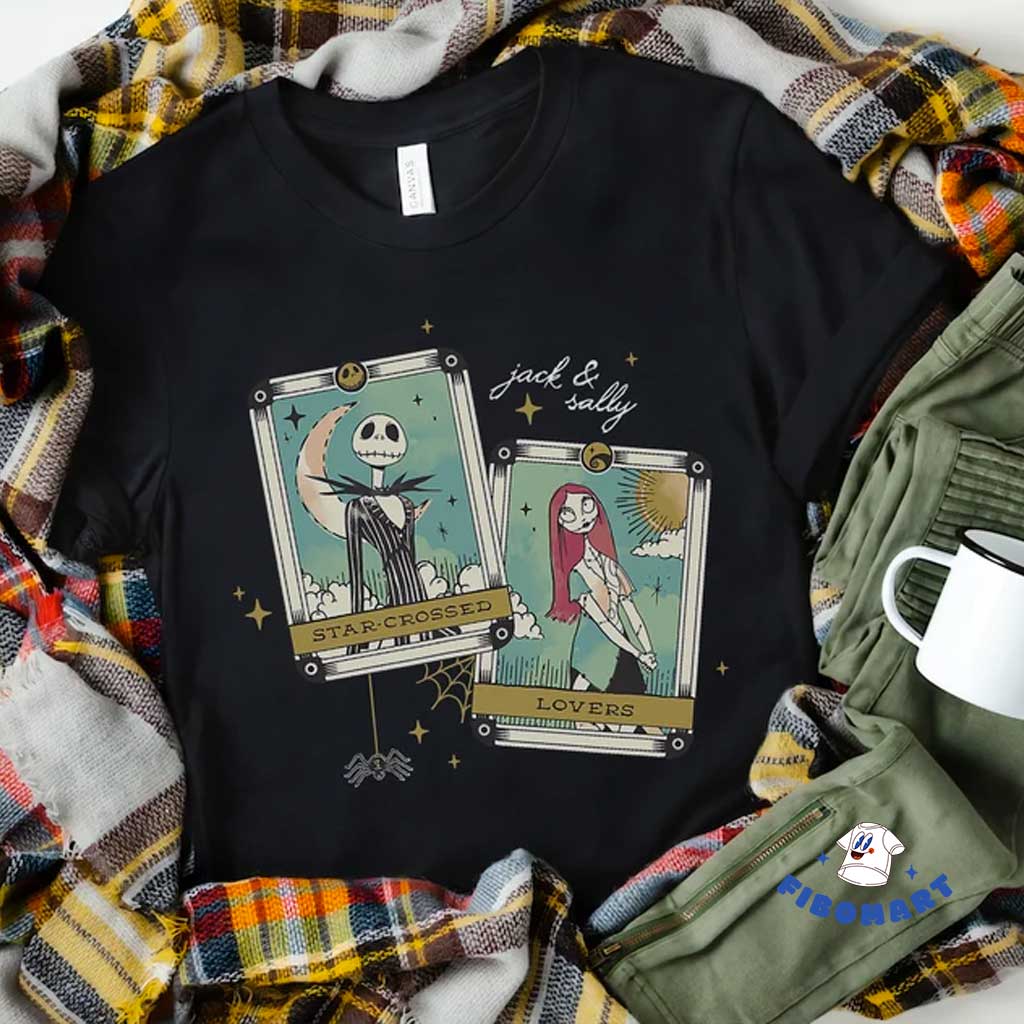 Jack And Sally Tarot Cards Spider and Shine Star Halloween BLack Shirt 1