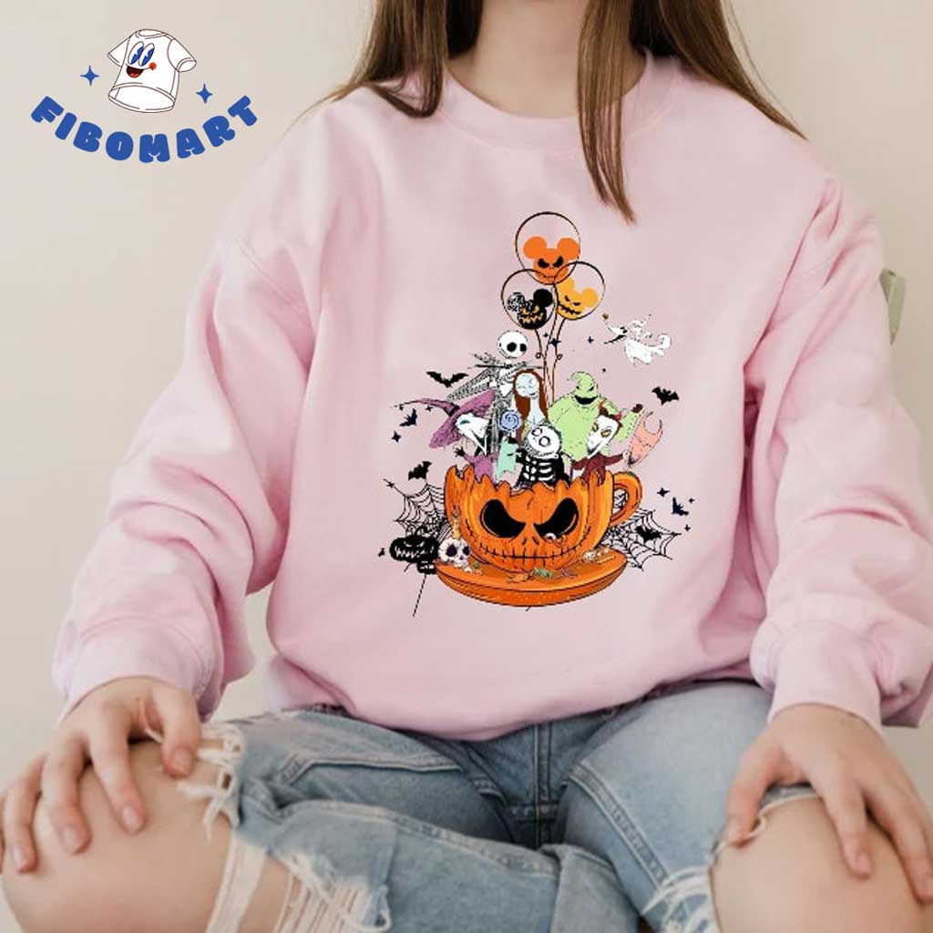 Jack And Sally With Friends On A Scary Pumpkin Cup Halloween White Shirt 2