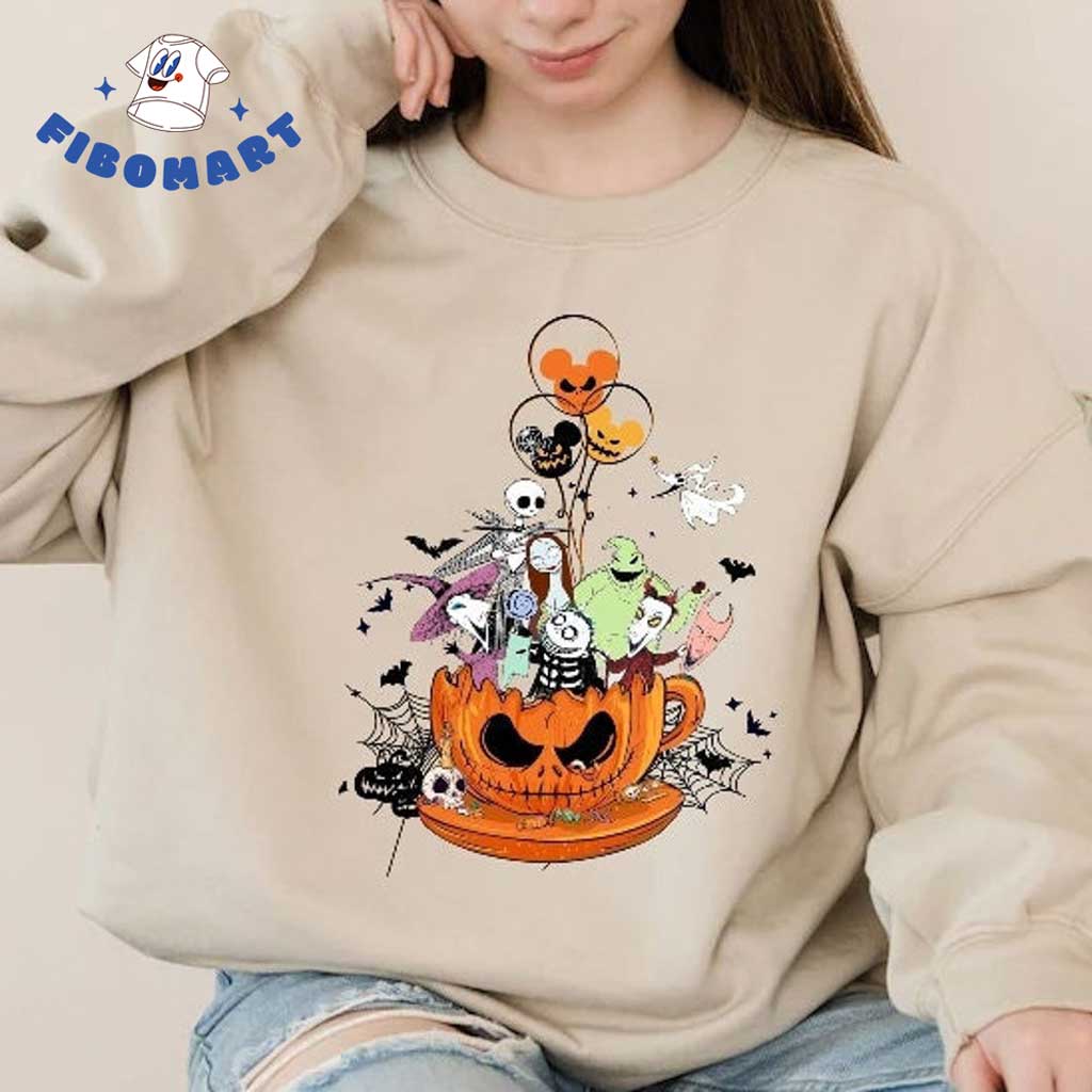 Top 18+ Nightmare Before Christmas Gifts For Jack And Sally Lover Shop Graphic Designed T-Shirt and Apparel Jack And Sally With Friends On A Scary Pumpkin Cup Halloween White Shirt 4