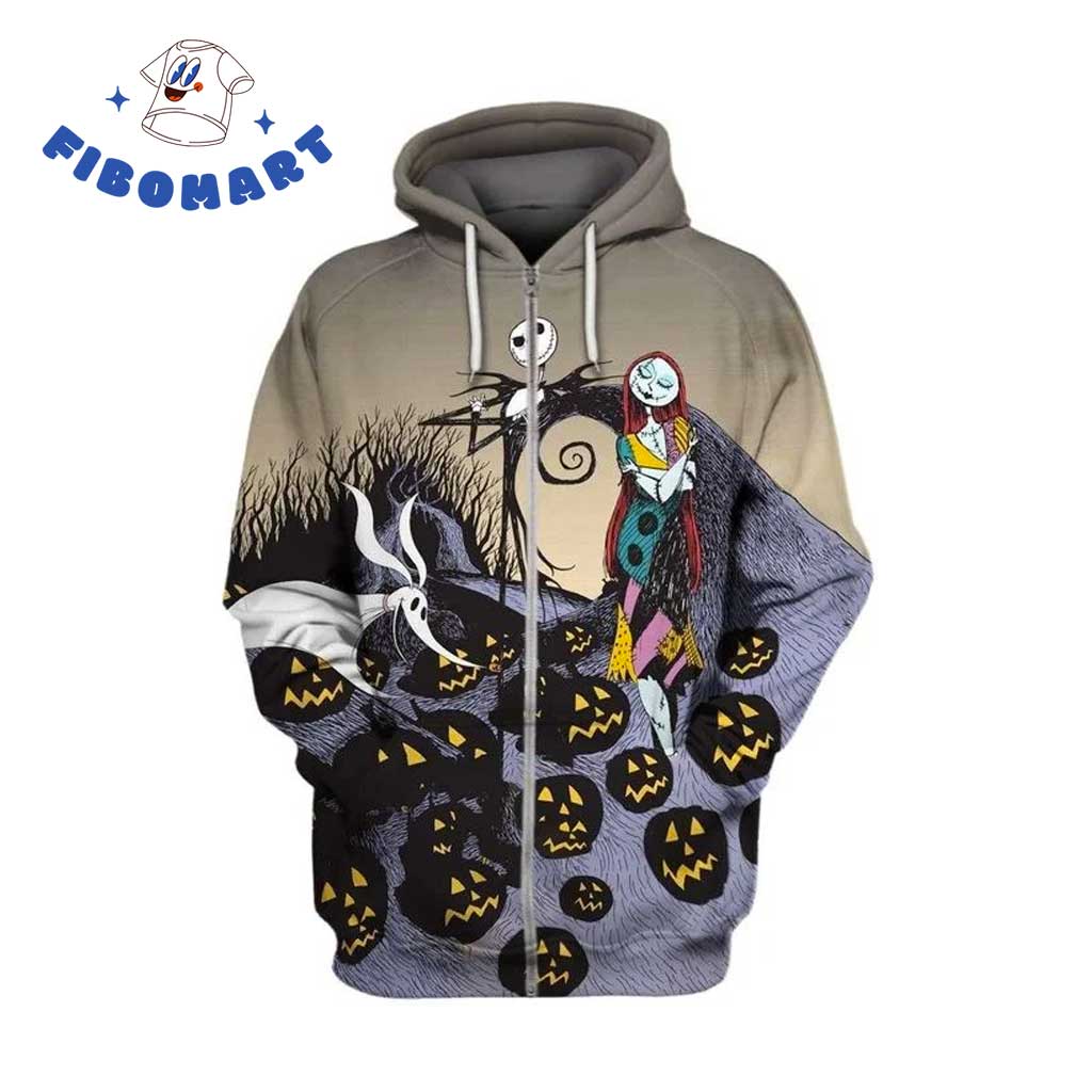 Jack Skellington And Sally Zero Black Pumpkin Spiral Hill 3D Shirt 1