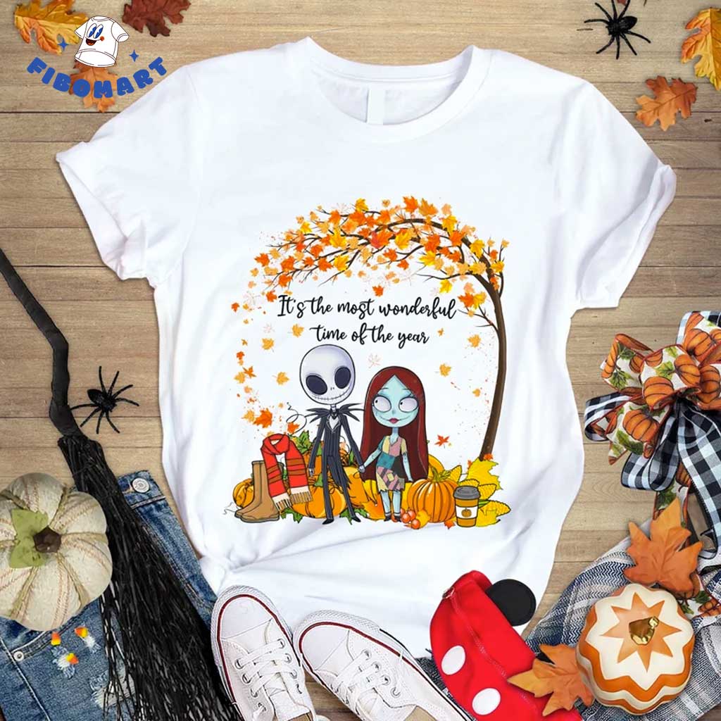 Jack Skellington Holding Sally Hand Around By Autum Leaves Its The Most Wonderful Time of The Year Halloween Shirt 1