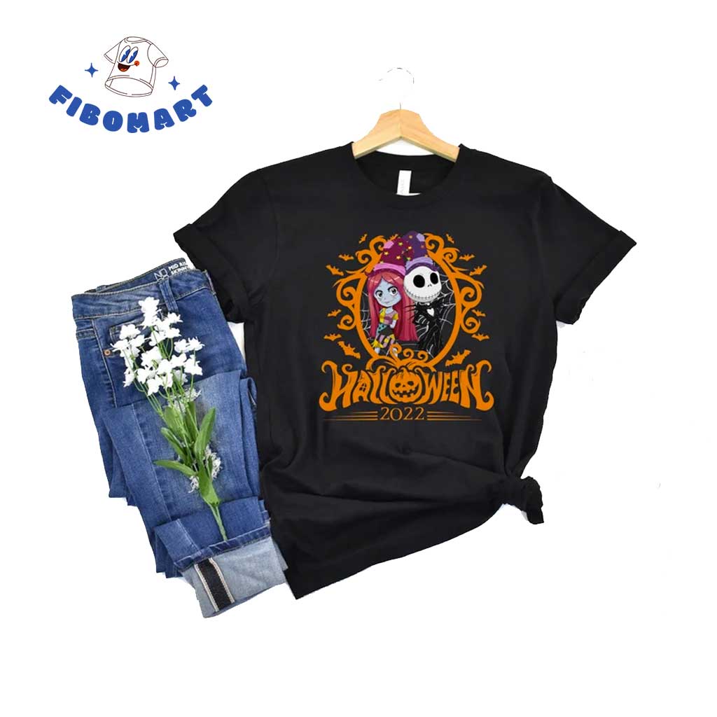 Lovely Jack And Sally With Witch Hats Bat and Pumpkin Halloween 2022 2D Shirt 1
