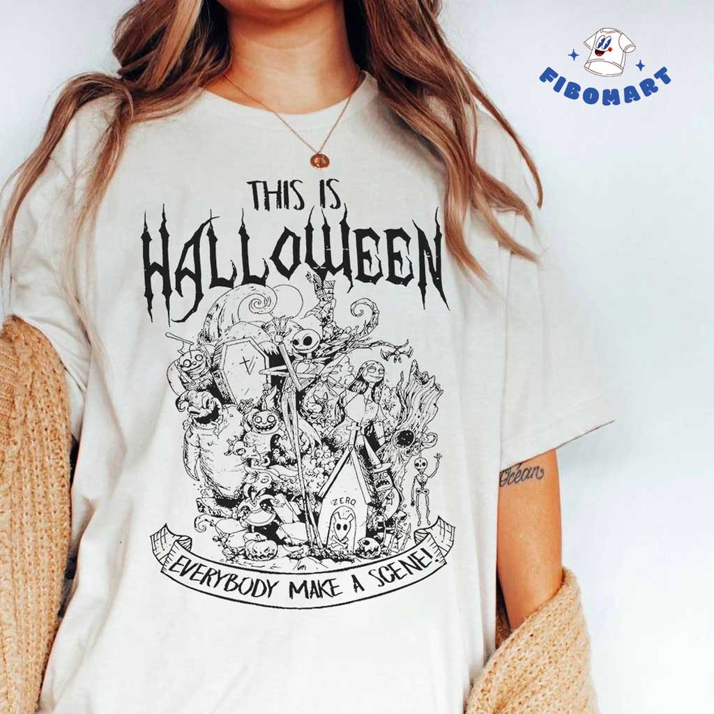 Vintage Jack Skellington And Friends Everybody Make A Scene Halloween White Shirt 1