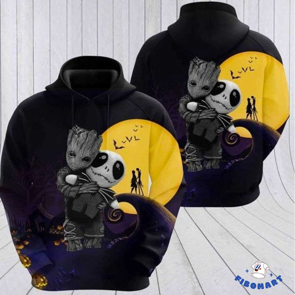Baby Groot Hold Jack Skeleton 3D Hoodie Jack And Sally At Full Moon Spiral Hill 1