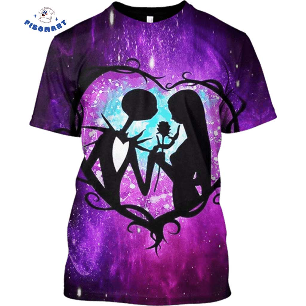 Black Jack and Sally Holding A Rose Halloween 3D shirt 1