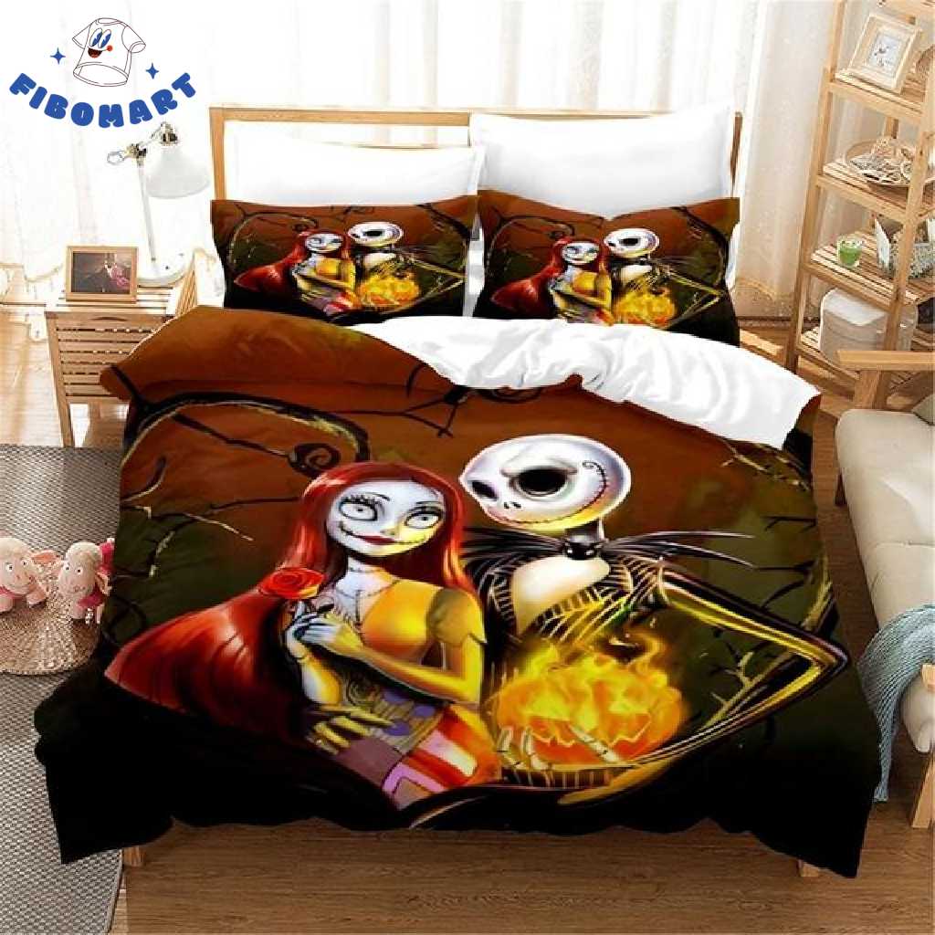 Top 18+ Nightmare Before Christmas Gifts For Jack And Sally Lover Shop Graphic Designed T-Shirt and Apparel Couple Jack and Sally Holding Burning Pumpkin Halloween Bedding Set Nightmare Before Christmas 1
