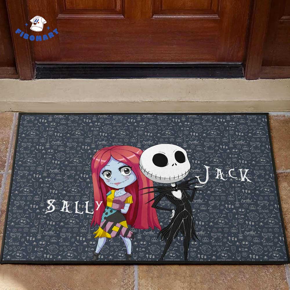 Cute Jack And Sally Halloween Doormat Pumpkin Bat Jack Skeleton Face Pattern Doormat 1