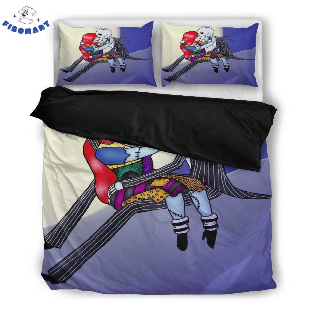 Top 18+ Nightmare Before Christmas Gifts For Jack And Sally Lover Shop Graphic Designed T-Shirt and Apparel Cute Jack and Sally Are Hugging Halloween Bedding Set 1