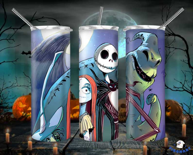 Funny Jack Skellington And Sally With Oogie Boogie At Spiral Hill Skinny Tumbler 1
