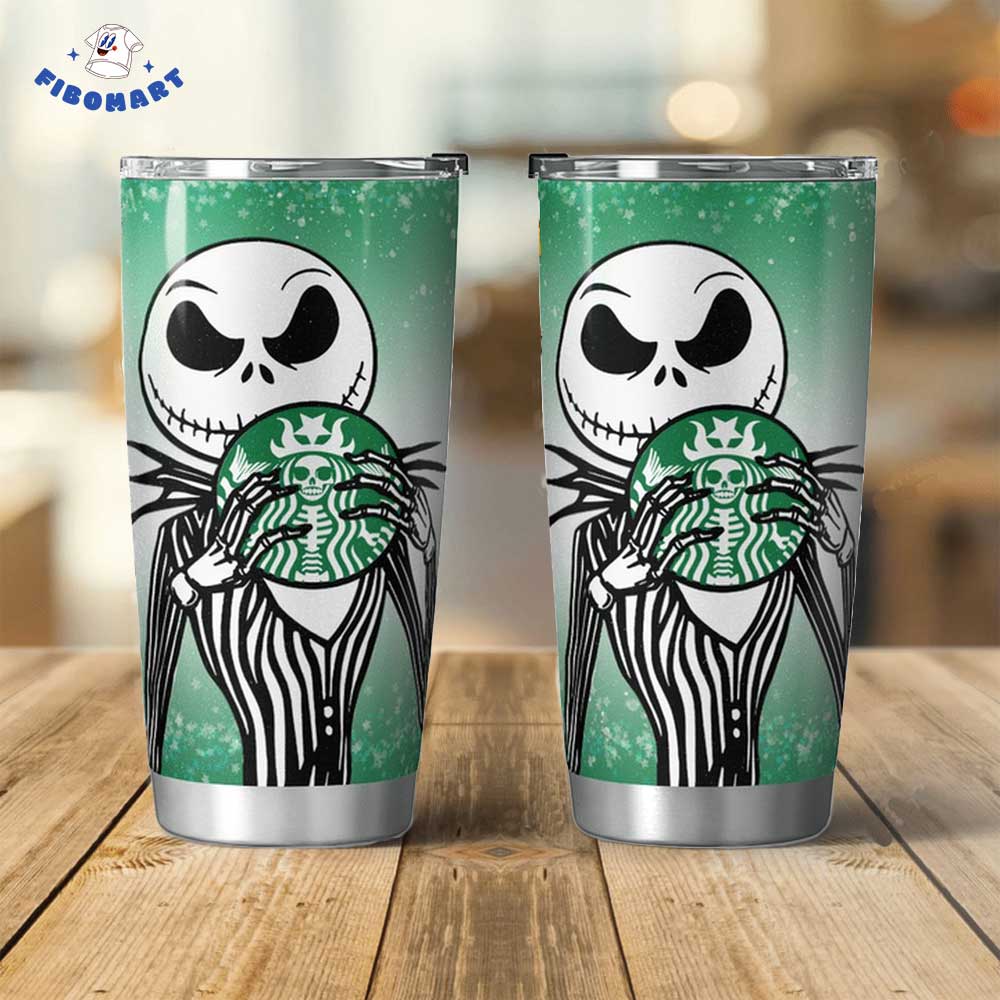 Funny Jack Skellington Hold Skeleton Starbuck Logo Halloween Tumbler 1