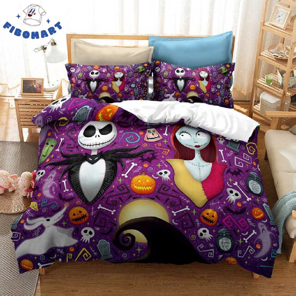 Top 18+ Nightmare Before Christmas Gifts For Jack And Sally Lover Shop Graphic Designed T-Shirt and Apparel Funny Jack and Sally Halloween Bedding Set Zero Oogie Boogie Bone Skull Icon Patterns 1