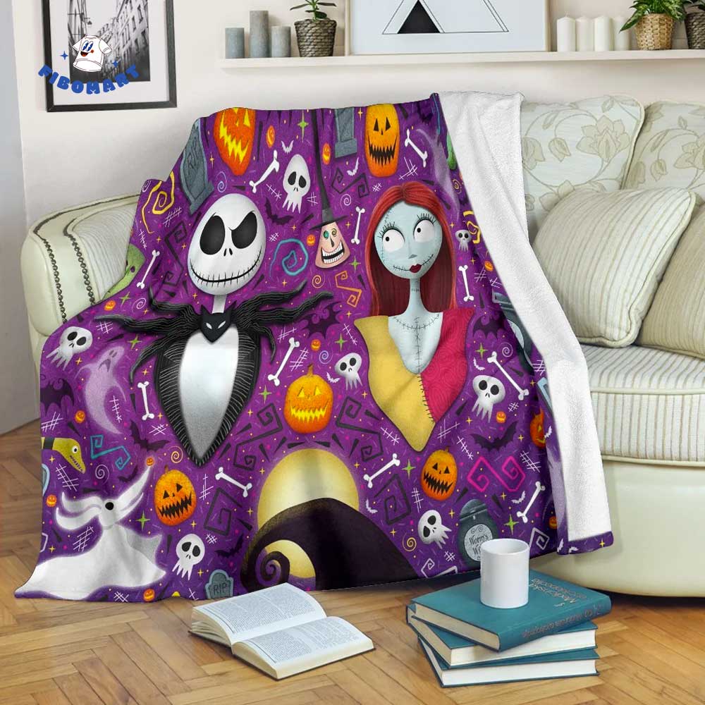 Funny Jack and Sally Halloween Blanket Zero Oogie Boogie Bone Skull Icon Patterns 1