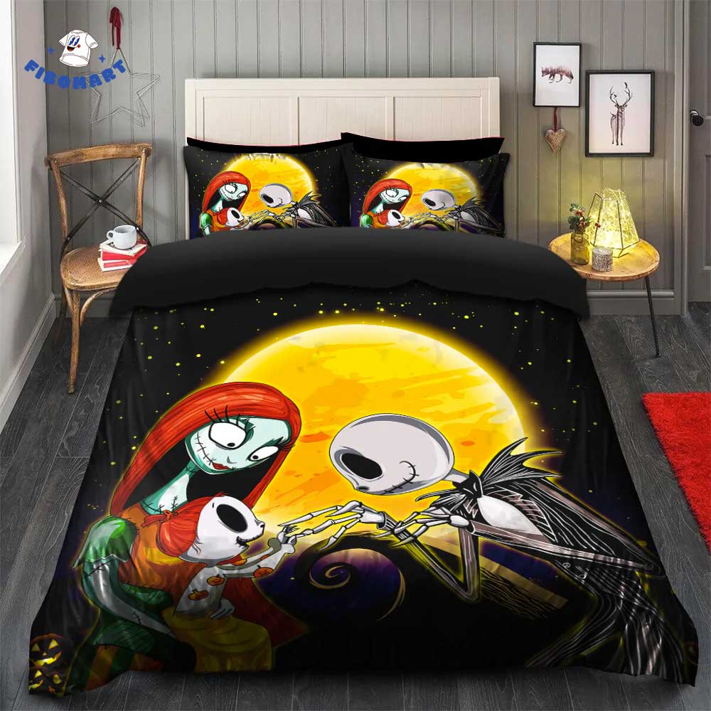 Top 18+ Nightmare Before Christmas Gifts For Jack And Sally Lover Shop Graphic Designed T-Shirt and Apparel Happy Family Jack And Sally With Their Daughter At Full Moon Spiral Hill Halloween Bedding Set Nightmare Before Christmas Bedding Set 1