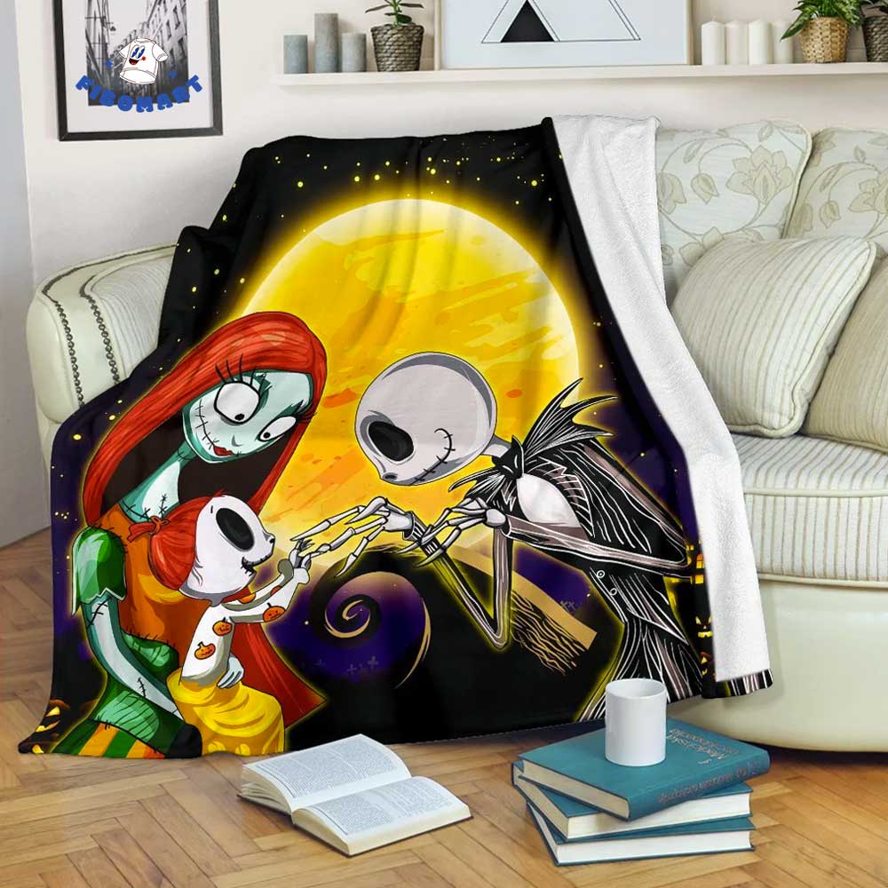 Happy Family Jack And Sally With Their Daughter At Full Moon Spiral Hill Halloween Blanket Nightmare Before Christmas Blanket 1