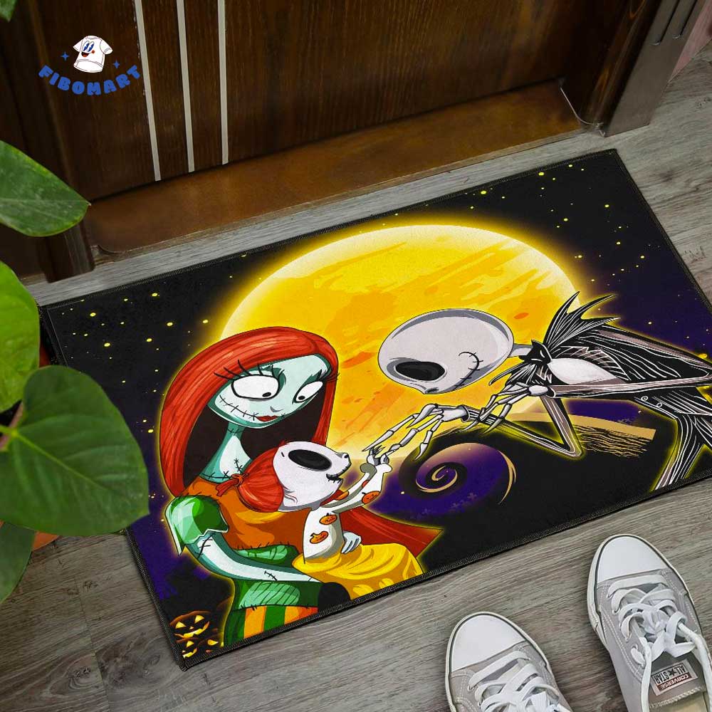 Happy Family Jack And Sally With Their Daughter At Full Moon Spiral Hill Halloween Doormat Nightmare Before Christmas Doormat 3