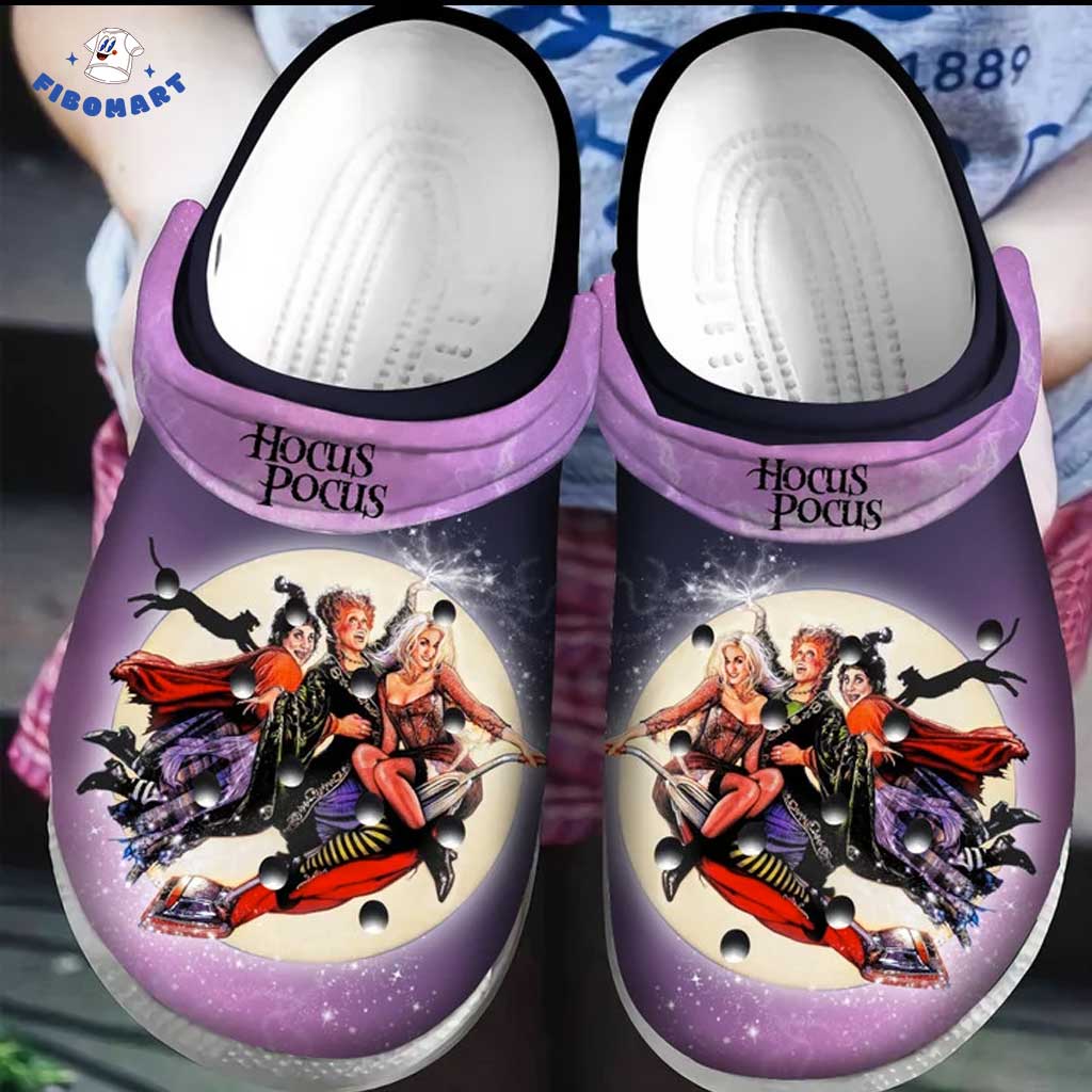 Hocus Pocus Sanderson Sisters And Black Cat Flying By Vacuum Cleaner Broom Halloween Crocs Purple Sky 1