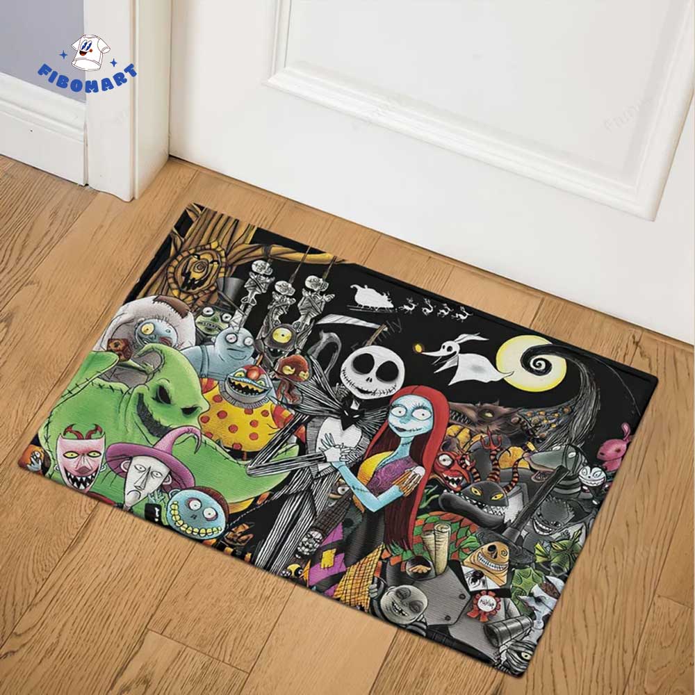 Jack And Sally With All Nightmare Before Christmas Character In A Scene Halloween Doormat 1