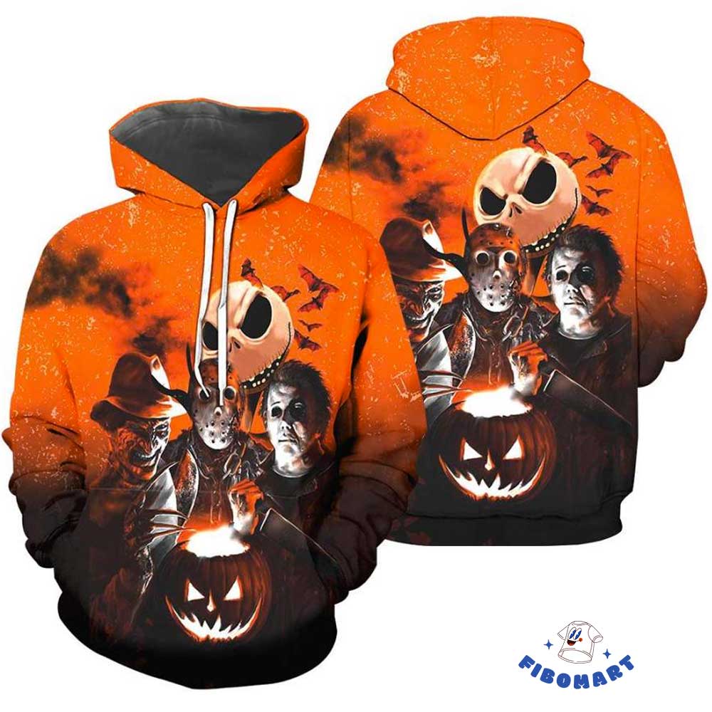 Top 13+ Michael Myers Gift Ideas For Halloween Shop Graphic Designed T-Shirt and Apparel Jack Skeleton And Pumpkin With Michael Myers Jason Voorheers Freddy Kreuge 3D Hoodie 1