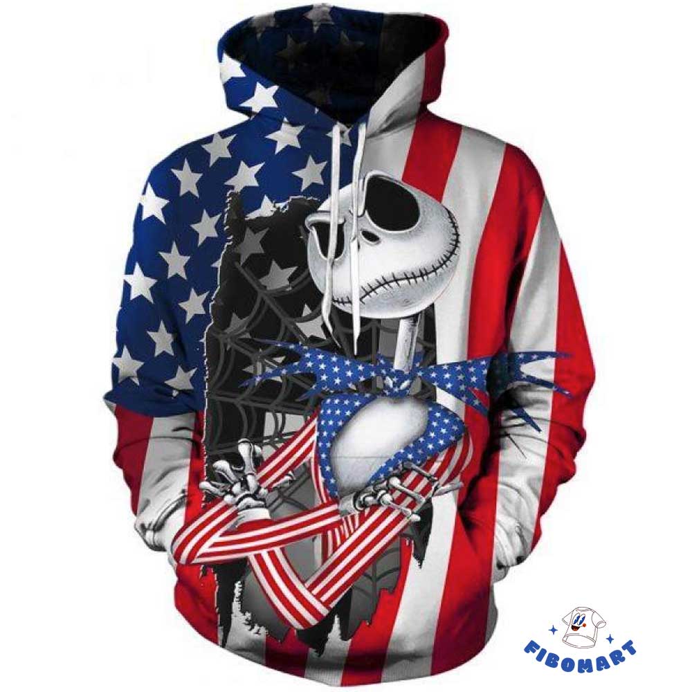 Jack Skeleton Wearing American Flag Suite 3D Hoodie 1