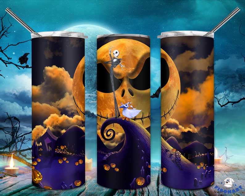 Jack Skellington And Zero Pumpkin At Spiral Hil Under Giant Jack SkeletonMoon Skinny Tumber 1