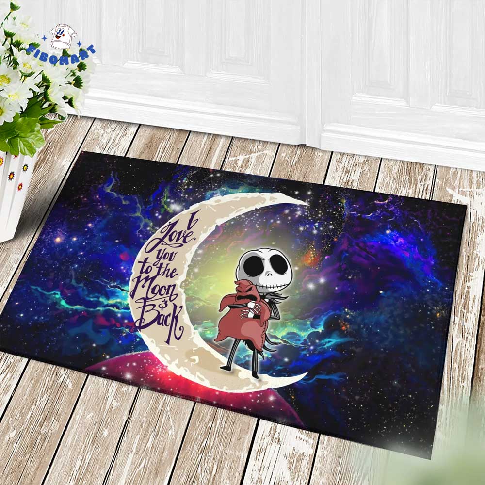 Jack Skellington Hold Oogie Boogie In Blue Galaxy Halloween Doormat I Love You To The Moon Back Nightmare Before Christmas Doormat 1