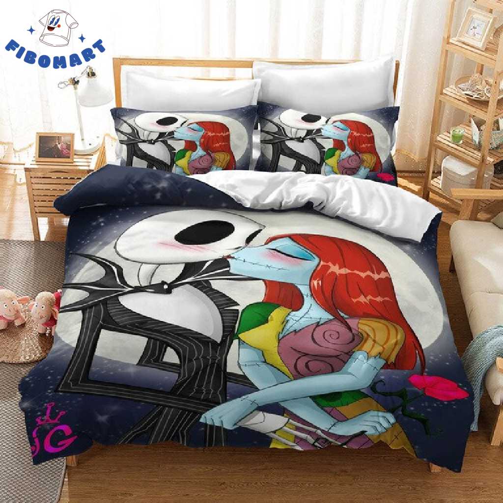 Jack and Sally Kissing Passionately In Full Moon Nightmare Before Christmas Bedding Set 1