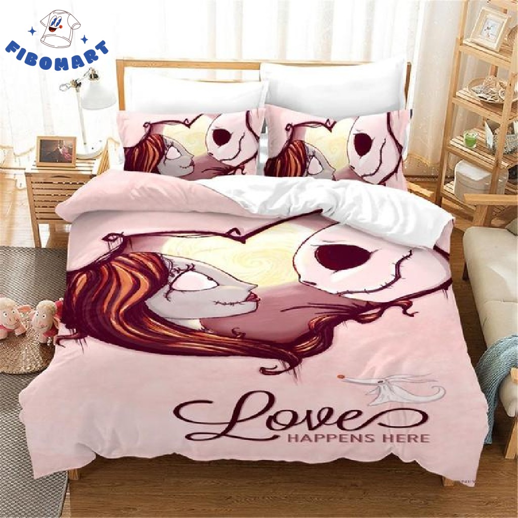 Top 18+ Nightmare Before Christmas Gifts For Jack And Sally Lover Shop Graphic Designed T-Shirt and Apparel Jack and Sally With Full Moon In A Heart Loves Happens Here Bedding Set 1
