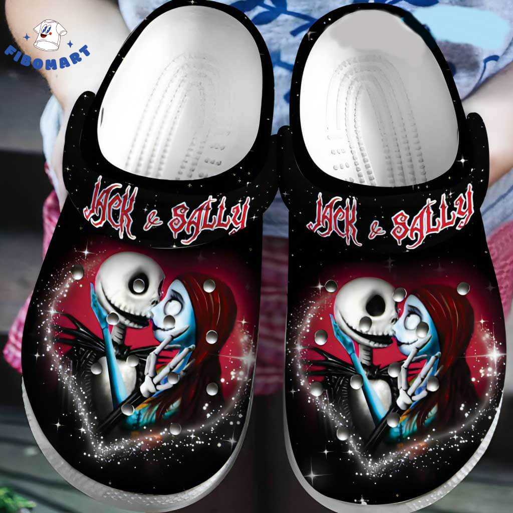 Top 18+ Nightmare Before Christmas Gifts For Jack And Sally Lover Shop Graphic Designed T-Shirt and Apparel Kissing Jack and Sally In A Shinning Heart Halloween Crocs 1