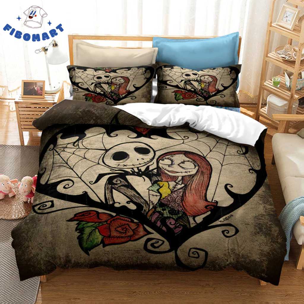 Top 18+ Nightmare Before Christmas Gifts For Jack And Sally Lover Shop Graphic Designed T-Shirt and Apparel Romance Jack and Sally In A Spider Web Heart Nightmare Before Christmas Bedding Set 1