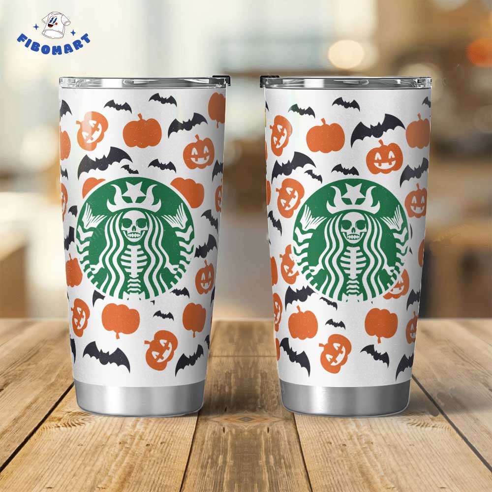 Skeleton Starbuck And Smiling Pumpkin Bat Halloween Tumbler 1