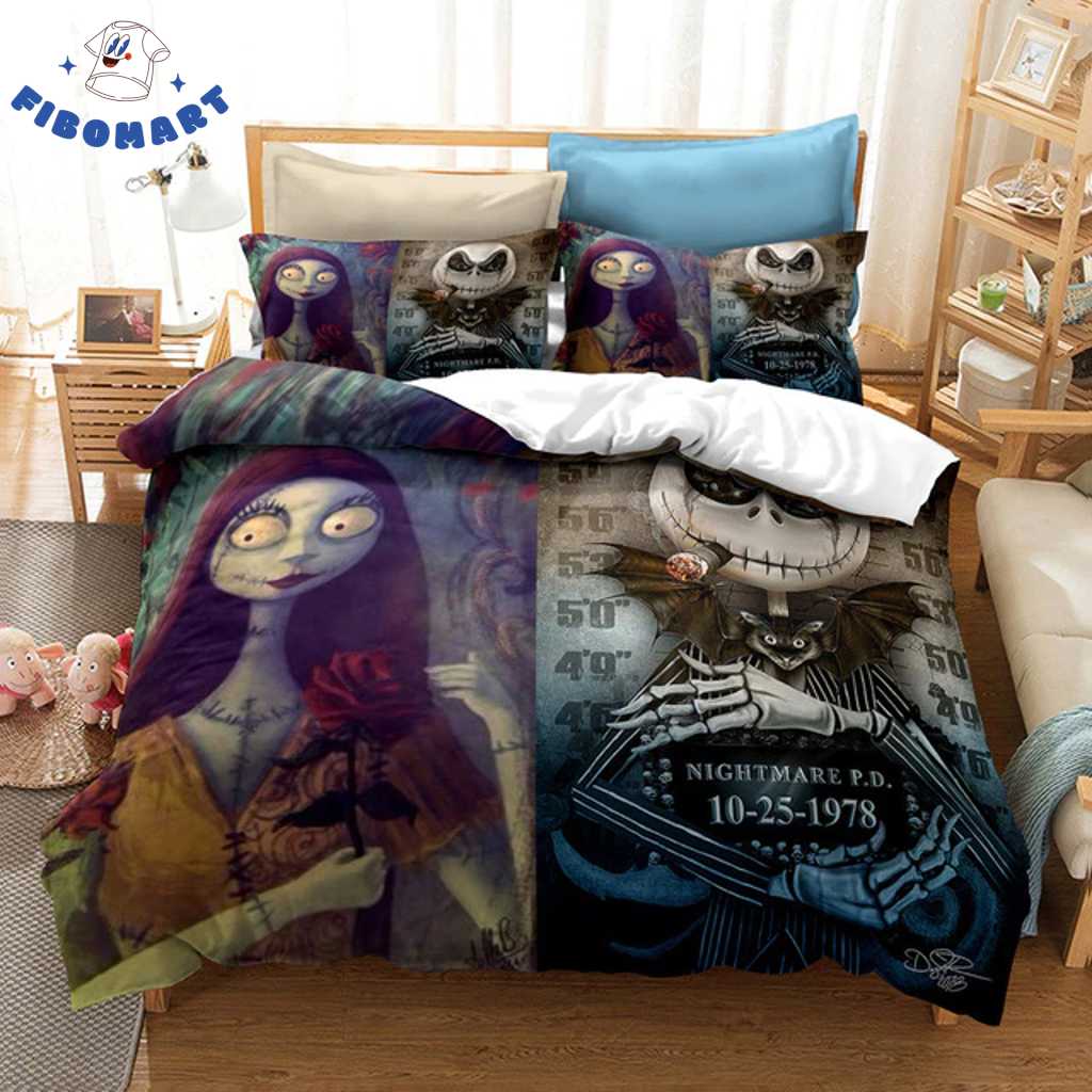 Top 18+ Nightmare Before Christmas Gifts For Jack And Sally Lover Shop Graphic Designed T-Shirt and Apparel Smocking Jack and Sally Hold A Rose Nightmare Before Christmas Bedding Set 1