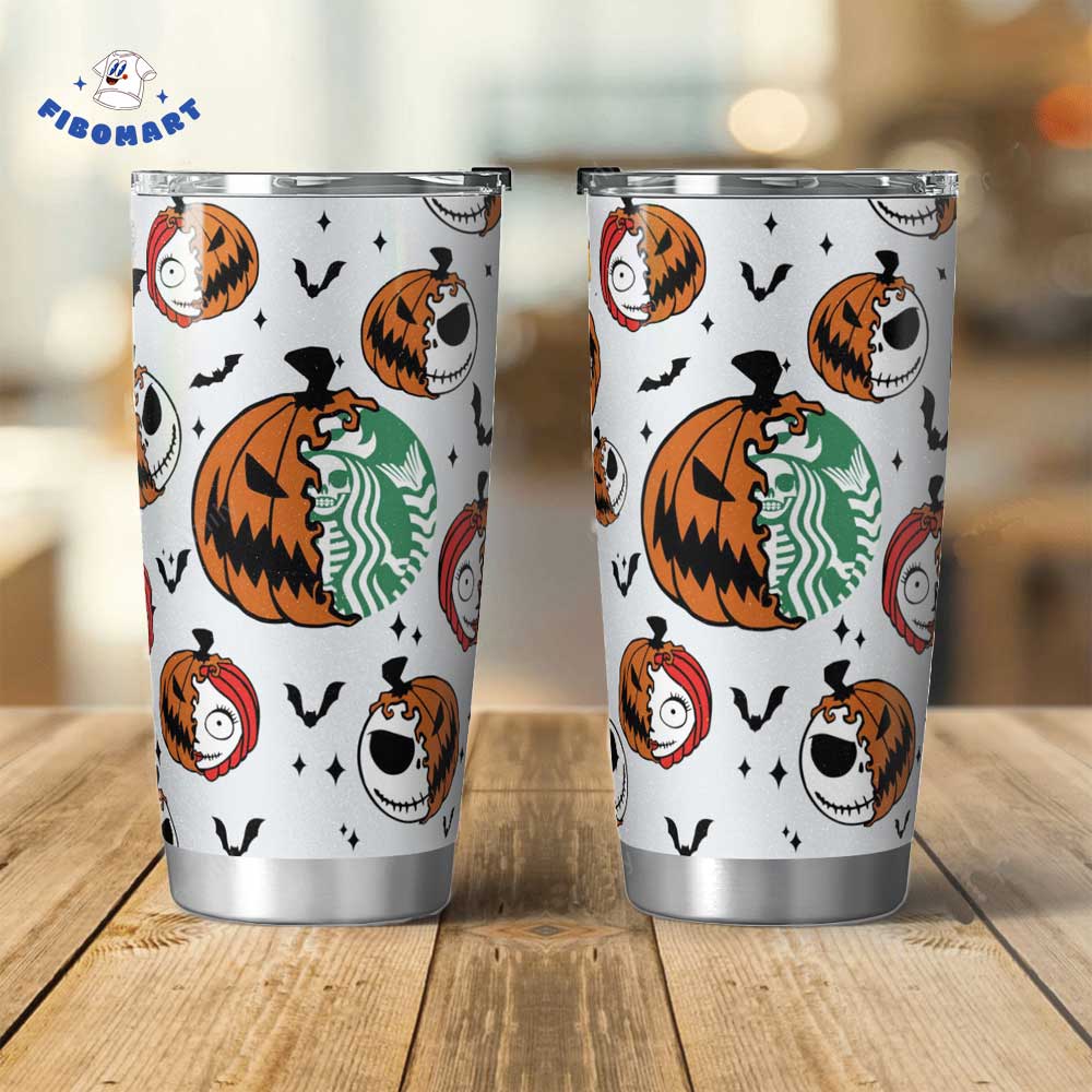 Starbuck Logo Mix Jack And Sally Pumpkin Face Halloween Tumbler 1