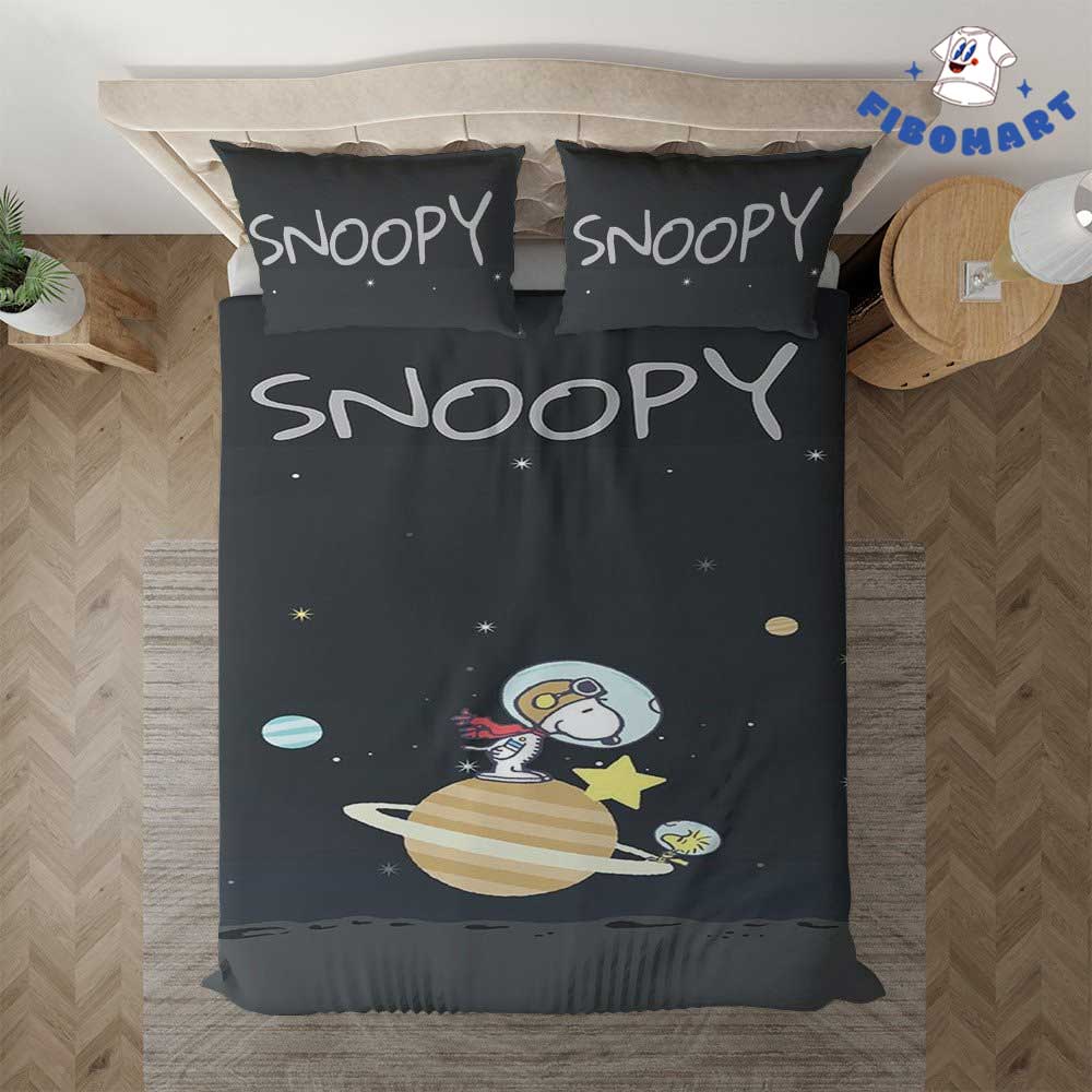 Astronaut Snoopy Woodstock Standing On Saturn In Galaxy Bedding Set