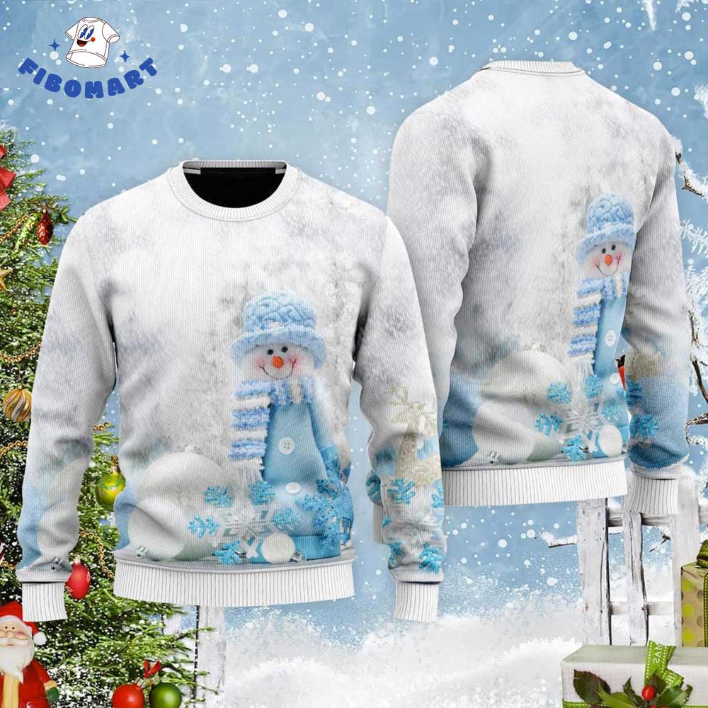 Blue Snowman Smile Snowflake Ugly Christmas Sweater
