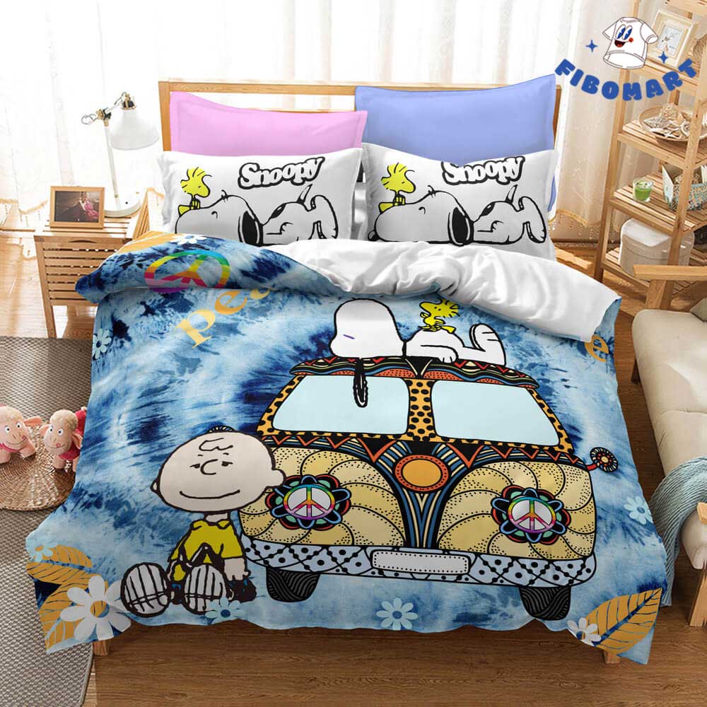 Charlie Brown And Snoopy Woodstock Lying On Peace Sign Car Bedding Set