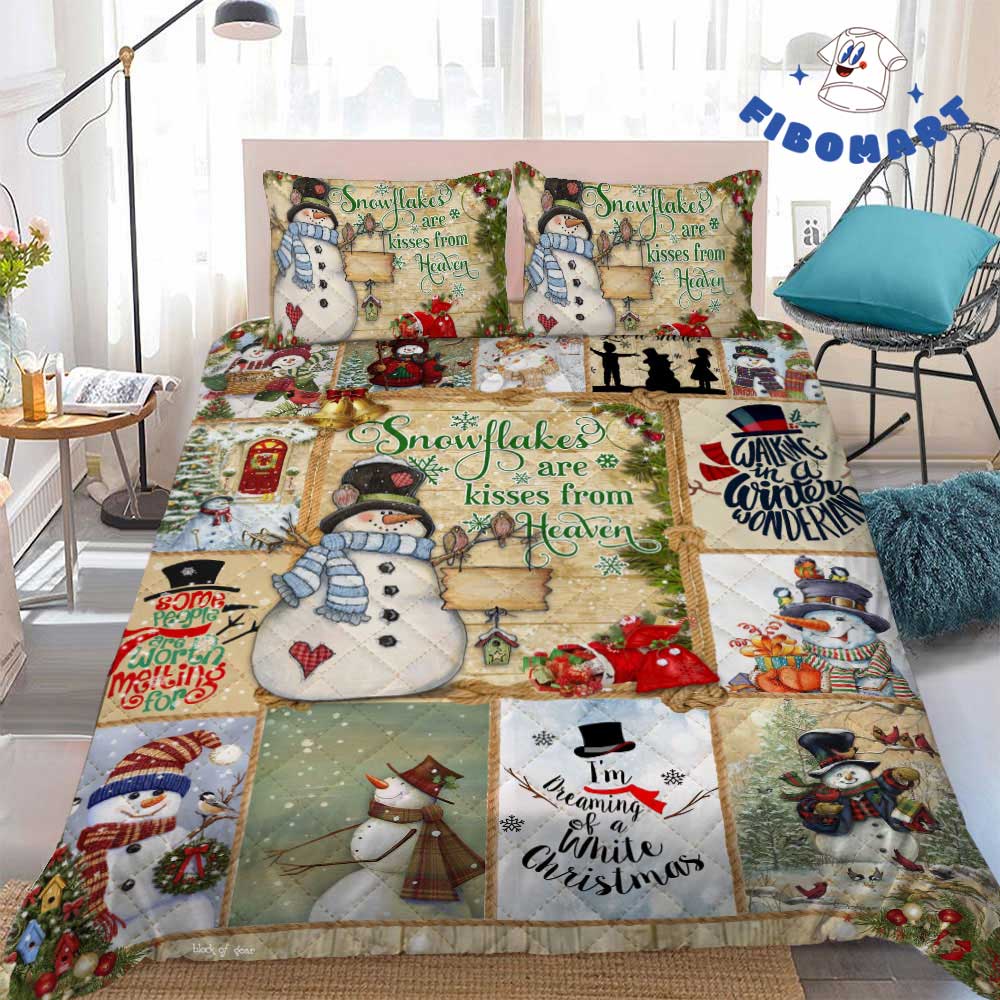 Cool Snowman Snowflakes Are Kisses From Heaven Christmas Bedding Set
